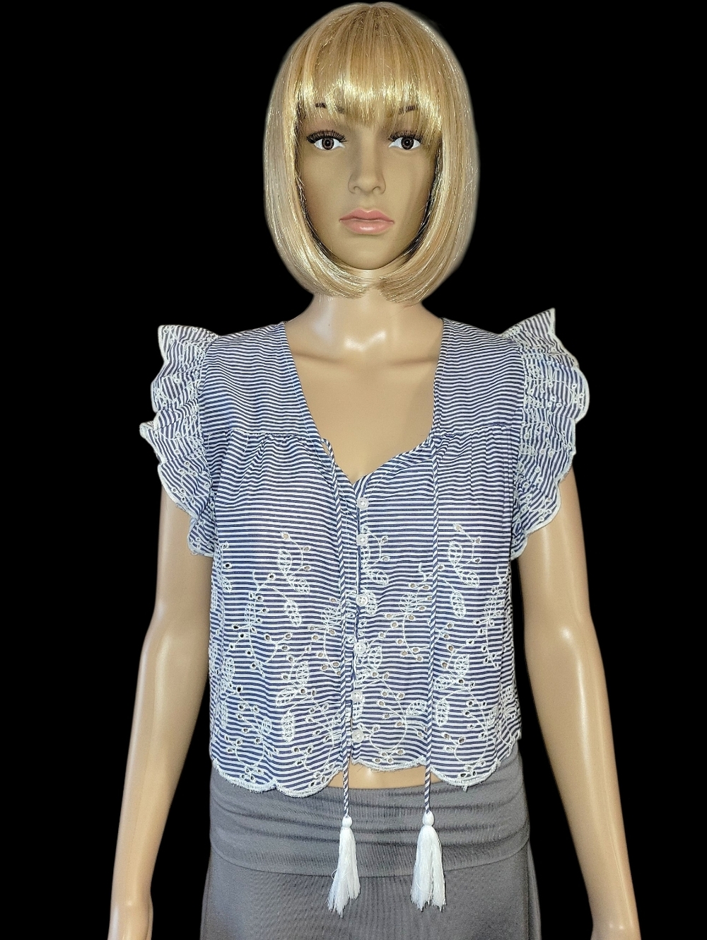 ISA & ELLA Eyelet Striped Peasant Cropped Shirt, 100% Cotton, S, White/Blue, NWT